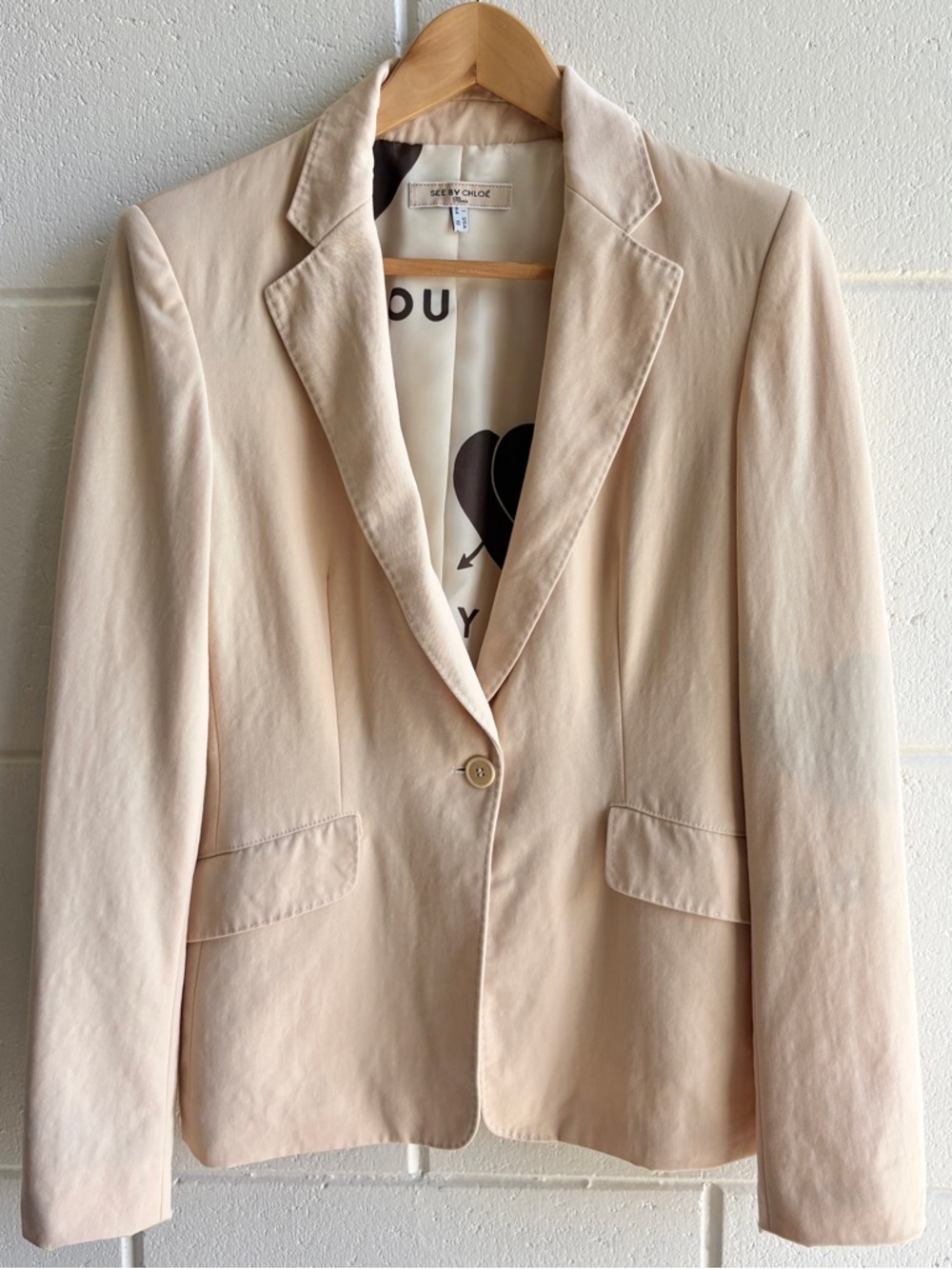 See By Chloe Wool Beige Blazer Stitched Single Button Heart Print Lining Size 10